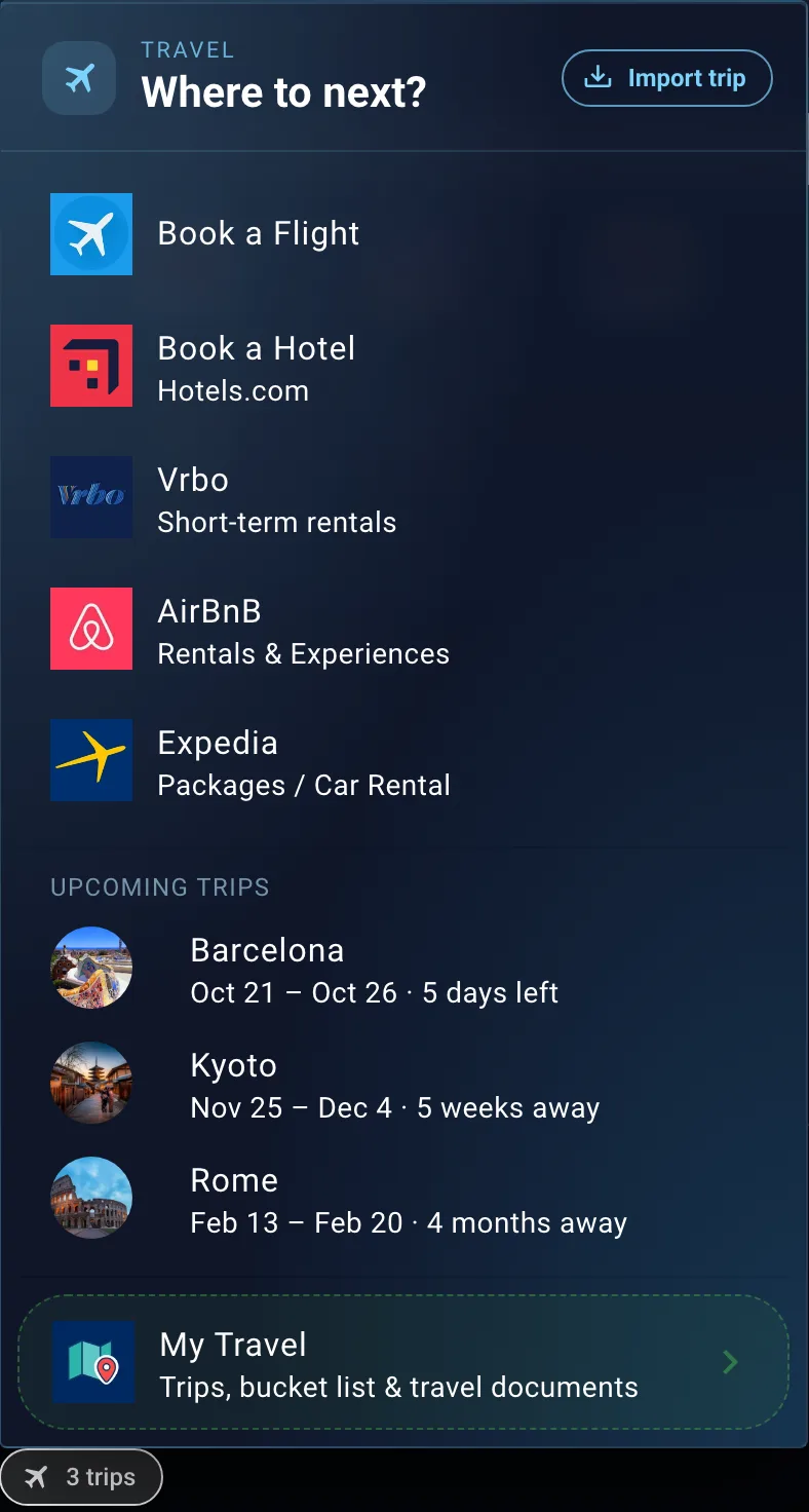 Travel menu open above a 3 trips button in the bottom bar, listing booking sites and three upcoming trips (Barcelona, Kyoto and Rome) with photos, dates and how far away each is