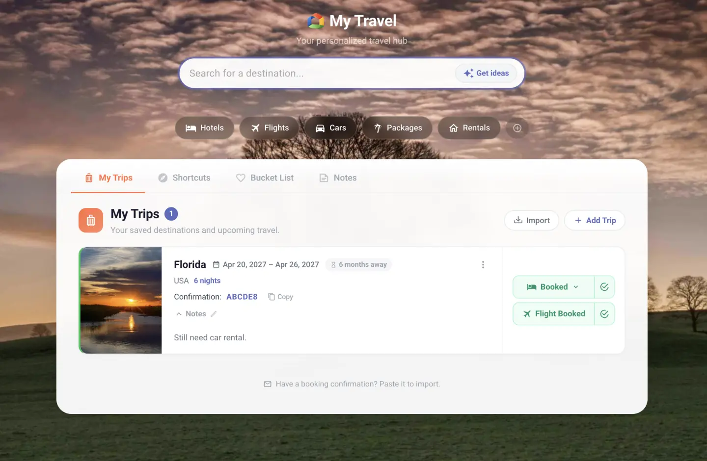 My Travel page with a Florida trip card showing April dates, a 6 months away countdown, a confirmation number with a Copy button, a note, and Booked and Flight Booked status buttons